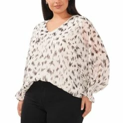Best Pirce 🎁 Vince Camuto Plus Size Printed Blouson-Sleeve Top New Ivory 🎉