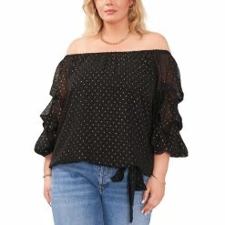 Wholesale 😀 Vince Camuto Plus Size Metallic-Swiss-Dot Tie-Hem Top Rich Black 🥰