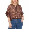 Discount 🥰 Vince Camuto Plus Size Printed Split-Neck Ruffle-Sleeve Blouse Classic Navy 🔥