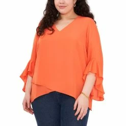 Best deal 👏 Vince Camuto Plus Size Flutter-Sleeve Crossover-Hem Top Tiger Lily 🌟
