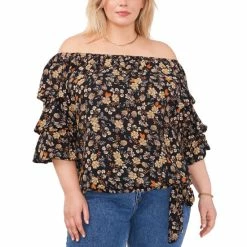 Flash Sale ⌛ Vince Camuto Plus Size Printed Off-The-Shoulder Balloon-Sleeve Blouse Rich Black ⭐