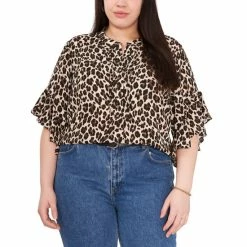 Outlet 🎁 Vince Camuto Plus Size Printed Ruffle-Sleeve Henley Top Rich Black 💯