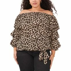 Flash Sale 🔔 Vince Camuto Plus Size Leopard-Print Off-The-Shoulder Top Rich Black 🥰