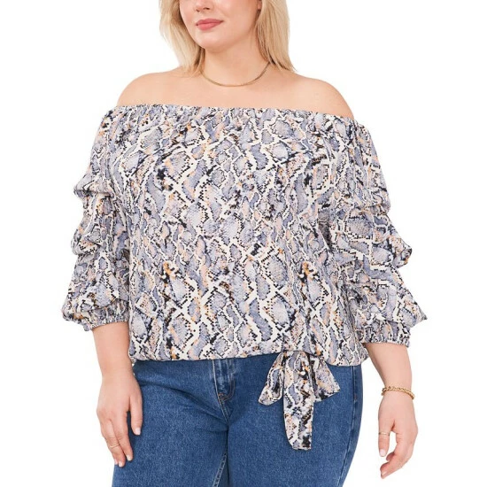 Brand new ๐ Vince Camuto Plus Size Snake-Print Off-The-Shoulder Balloon-Sleeve Blouse Blue Cloud โญ 1 Brand new ๐ Vince Camuto Plus Size Snake-Print Off-The-Shoulder Balloon-Sleeve Blouse Blue Cloud โญ
