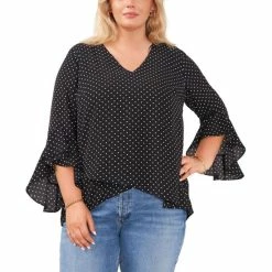 Coupon 😀 Vince Camuto Plus Size Polka-Dot Flutter-Sleeve Blouse Rich Black 🎉