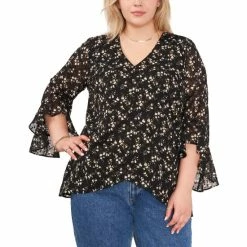 Best Pirce 🤩 Vince Camuto Plus Size V-Neck Flutter Sleeve Blouse Rich Black 🛒