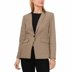Flash Sale ✨ Vince Camuto 👩 Women's Mixed-Plaid Turned-Collar Blazer Hazelnut 🤩