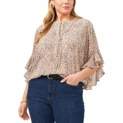 New 👏 Vince Camuto Plus Size Cheetah Print Flutter-Sleeve Pintucked Henley Blouse Lt Camel Multi ✨