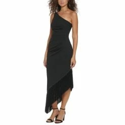 Discount 🧨 Vince Camuto 👩 Women's One-Shoulder High-Low Fringe-Hem Midi 👗 Dress Black 😉
