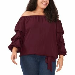 Top 10 ⌛ Vince Camuto Plus Size Off-The-Shoulder Tiered Sleeve Blouse Crisp Merlot 🤩