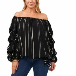 Best deal 🛒 Vince Camuto Plus Size Striped Gathered-Sleeve Top Rich Black 🤩
