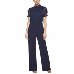 Wholesale 🥰 Vince Camuto 👩 Women's Ruffled Mixed-Media Jumpsuit Navy 🔔