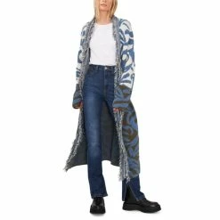 Coupon 💯 Vince Camuto 👩 Women's Colorblocked Jacquard Fringe Cardigan Dusty Blue 🧨