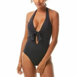 Budget ๐ Vince Camuto ๐ฉ Women's Plunging Tie-Front Halter One-Piece ๐ฉฑ Swimsuit Black ๐