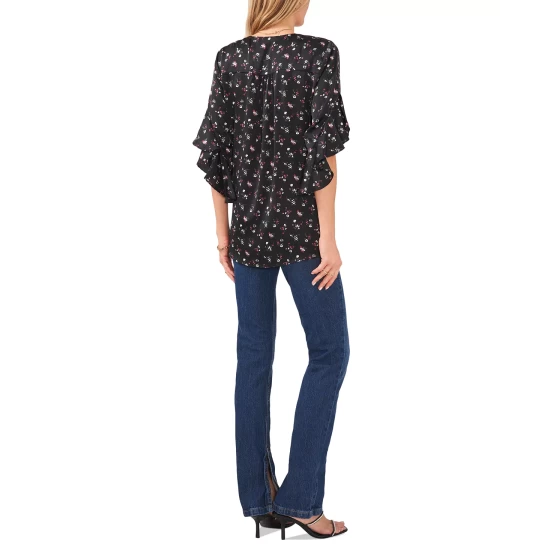Discount 👏 Vince Camuto 👩 Women's Printed Ruffled-Sleeve Overlap Hem Blouse Rich Black 🎉 5 Discount 👏 Vince Camuto 👩 Women's Printed Ruffled-Sleeve Overlap Hem Blouse Rich Black 🎉 - Image 5