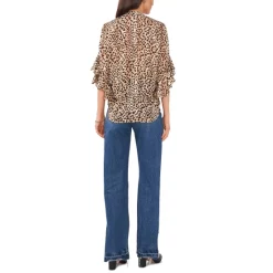 Budget 💯 Vince Camuto 👩 Women's Ruffle-Sleeve Leopard-Print Blouse Rich Black ✨