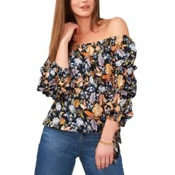 New 🎁 Vince Camuto 👩 Women's Floral-Print Off-The-Shoulder Top Rich Black 👍