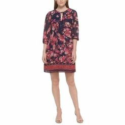 Best Sale 💯 Vince Camuto 👩 Women's Printed Balloon-Sleeve Chiffon 👗 Dress Berry 🎉