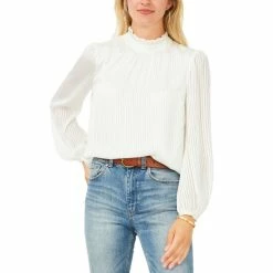 Promo 🤩 Vince Camuto Ruffled-Neck Shadow-Striped Top Rich Black 🔔