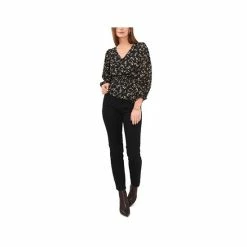 Buy 👏 Vince Camuto 👩 Women's Printed Smocked-Waist Balloon-Sleeve Top Rich Black 🧨 -Vince Camuto Sales Store unnamed file 634