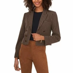 Hot Sale ⭐ Vince Camuto 👩 Women's Notched Collar Cropped Blazer Lt Olive Plaid 👍