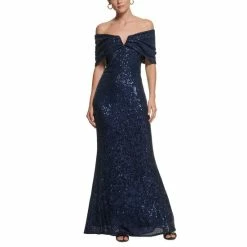 Best Sale 🧨 Vince Camuto 👩 Women's Off-The-Shoulder-Neckline Sequin Gown Navy 🎁