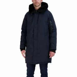 Budget ๐ Vince Camuto Men's Long Parka With Faux Fur Lined Hood Navy ๐