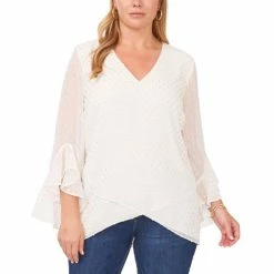 Deals 🎁 Vince Camuto Plus Size Textured Flutter-Sleeve Top New Ivory ⭐