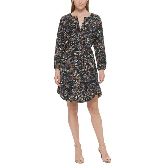 Best Pirce 🤩 Vince Camuto 👩 Women's Printed Balloon-Sleeve Belted 👗 Dress Black Multi ✔️ 4 Best Pirce 🤩 Vince Camuto 👩 Women's Printed Balloon-Sleeve Belted 👗 Dress Black Multi ✔️ - Image 4