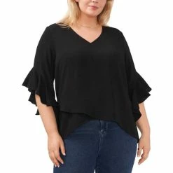Wholesale ❤️ Vince Camuto Plus Size V-Neck Flutter Sleeve Crossover Hem Top Rich Black 🥰