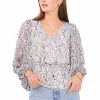 Best deal 🛒 Vince Camuto 👩 Women's Long Sleeve V-Neck Snake Effect Blouse Blue Cloud 🔔