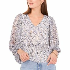 Best deal 🛒 Vince Camuto 👩 Women's Long Sleeve V-Neck Snake Effect Blouse Blue Cloud 🔔