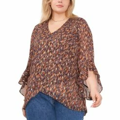 Hot Sale 👏 Vince Camuto Plus Size Printed Ruffle-Cuff 3/4-Sleeve Blouse Classic Navy 🔔