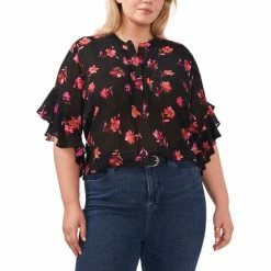 Top 10 😀 Vince Camuto Plus Size Floral Flutter-Sleeve Blouse Pomegranate Pink 🔔