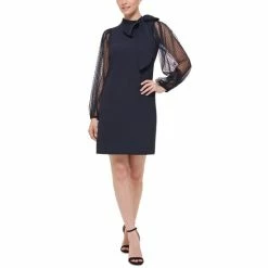 Best reviews of ๐ Vince Camuto Petite Tie-Neck Flocked Mesh-Sleeve ๐ Dress Nvy ๐คฉ
