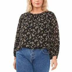 Best reviews of 😀 Vince Camuto Plus Size Printed Blouson-Sleeve Top Rich Black 🔥