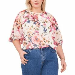 Coupon 😉 Vince Camuto Plus Size Keyhole Floral-Print Top New Ivory 🎁