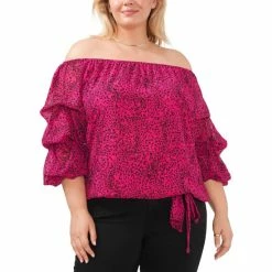 Deals ⌛ Vince Camuto Plus Size Off-The-Shoulder Bubble-Sleeve Printed Blouse Pomegranate Pink 🌟